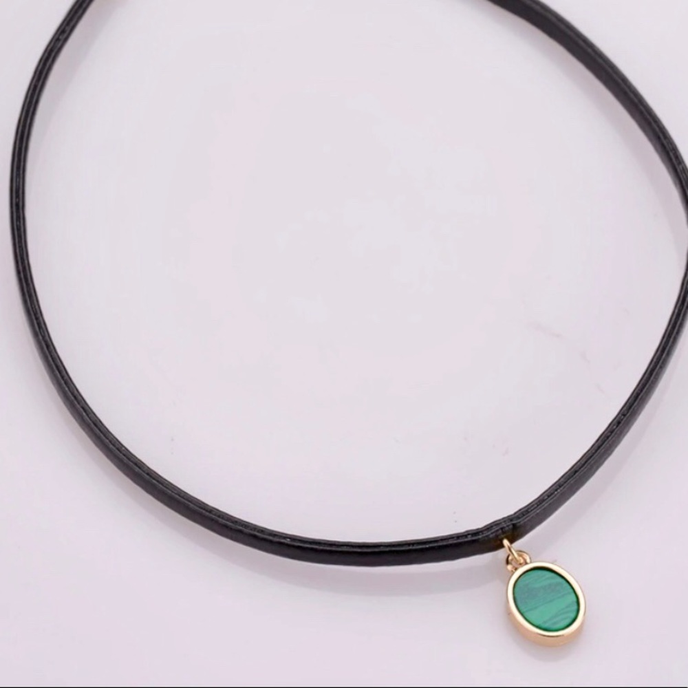 Leather Choker Necklaces with Green Oval pendent